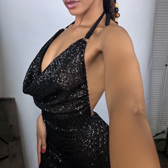 NEW Custom Black Halter Sequin Backless Mini Dress - Picture 5 of 5